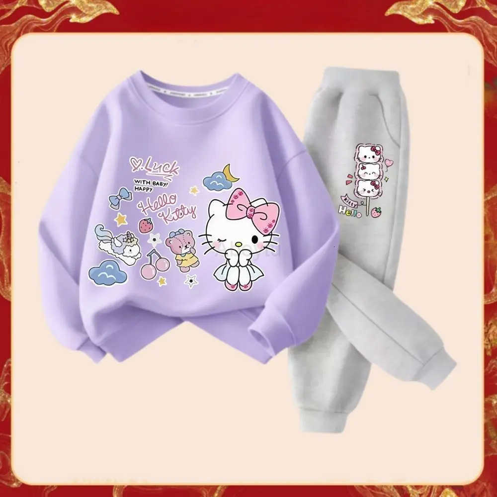 Sanrio Spring Autumn Girls Fashion Clothes Sets Kids Cartoon Hello Kitty Print Sweater Pullover Tops Pants 2Pcs Outfit Tracksuit H251216
