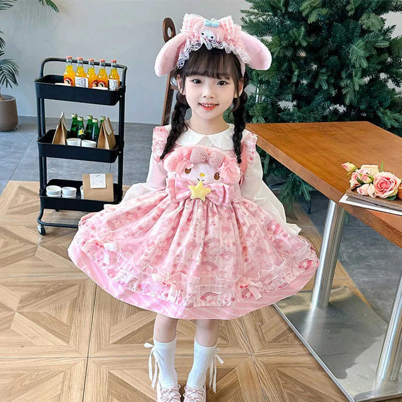 Sanrio Anime My Melody Lolita Princess Dress Girl Bow Decoration Party Dress Ruffled Tutu Skirt kids Layered Dress Ball Gown gift H251216