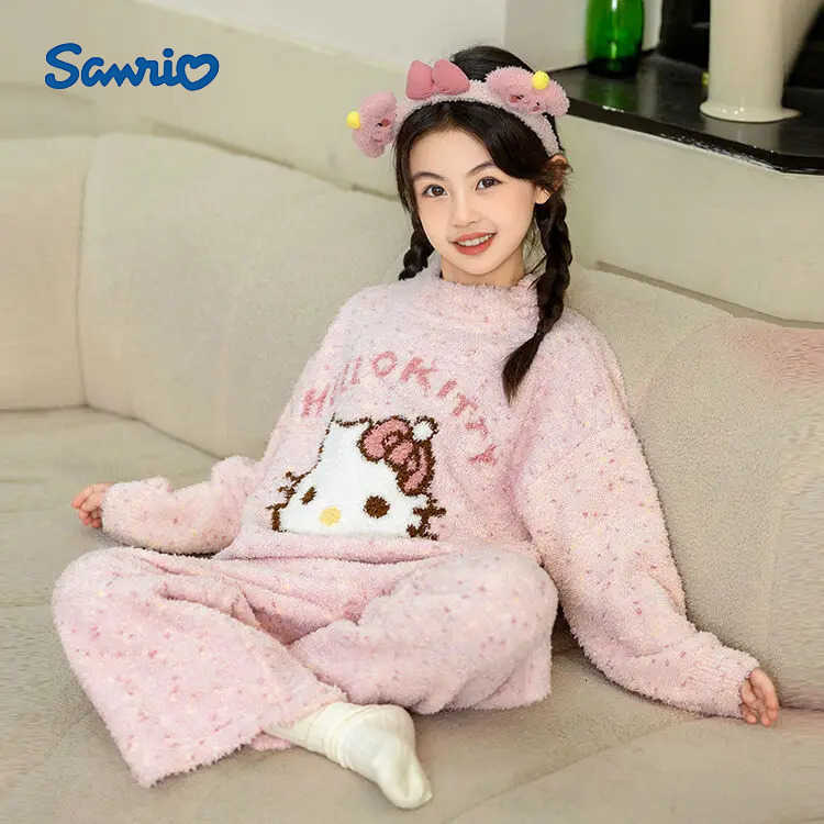 Sanrio 2Pcs Hello Kitty Kids Plush Pajamas Set Anime Kawaii Cartoon Print Comfortable Girl Cartoon Flannel Casual Home Clothes H251216