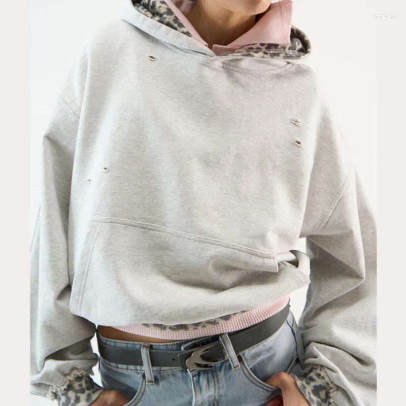 Women's Hoodies Stylish Girl Leopard Patchwork Sweatshirt Men Casual Full Sleeve Pocket Loose Short Top Autumn Daily Commute Outwear