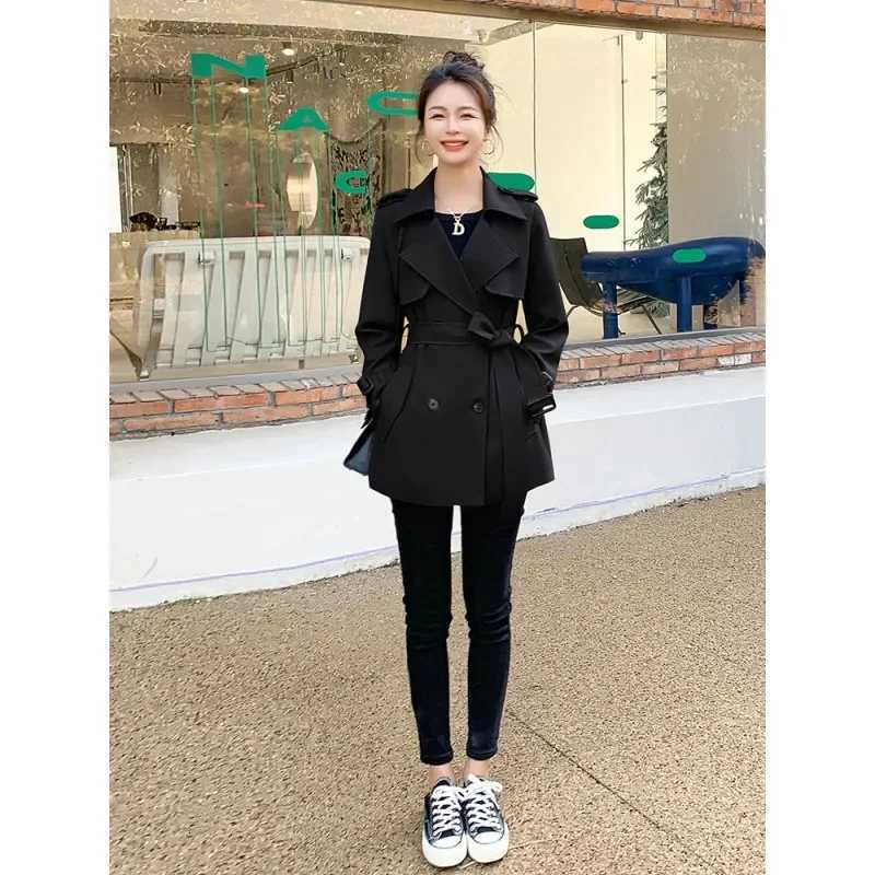 Khaki Hepburn Style Short Windbreaker For Women 2024 Spring And Autumn Trench Coat With Belt high-end Fashion Lace-UP JacketT251216