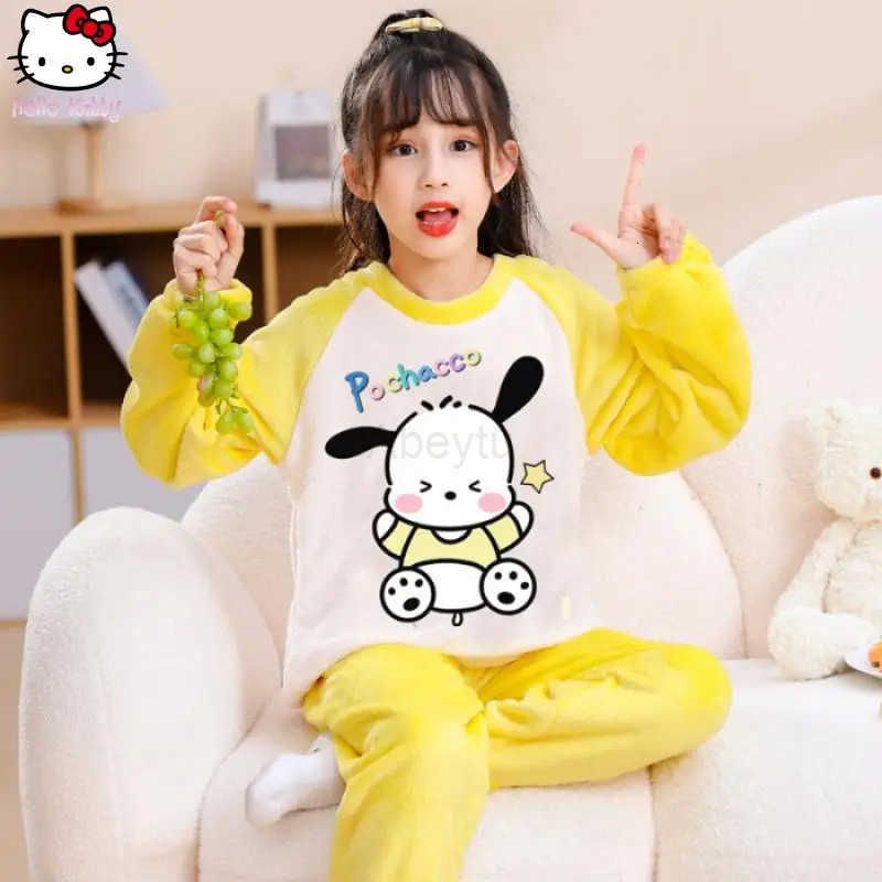 Sanrio Kawaii Girls Hello Kitty Kuromi Clothing Warm Pajamas Set Cartoon Anime New Boy Parent Child Thickened Home Clothes Sweet H251216
