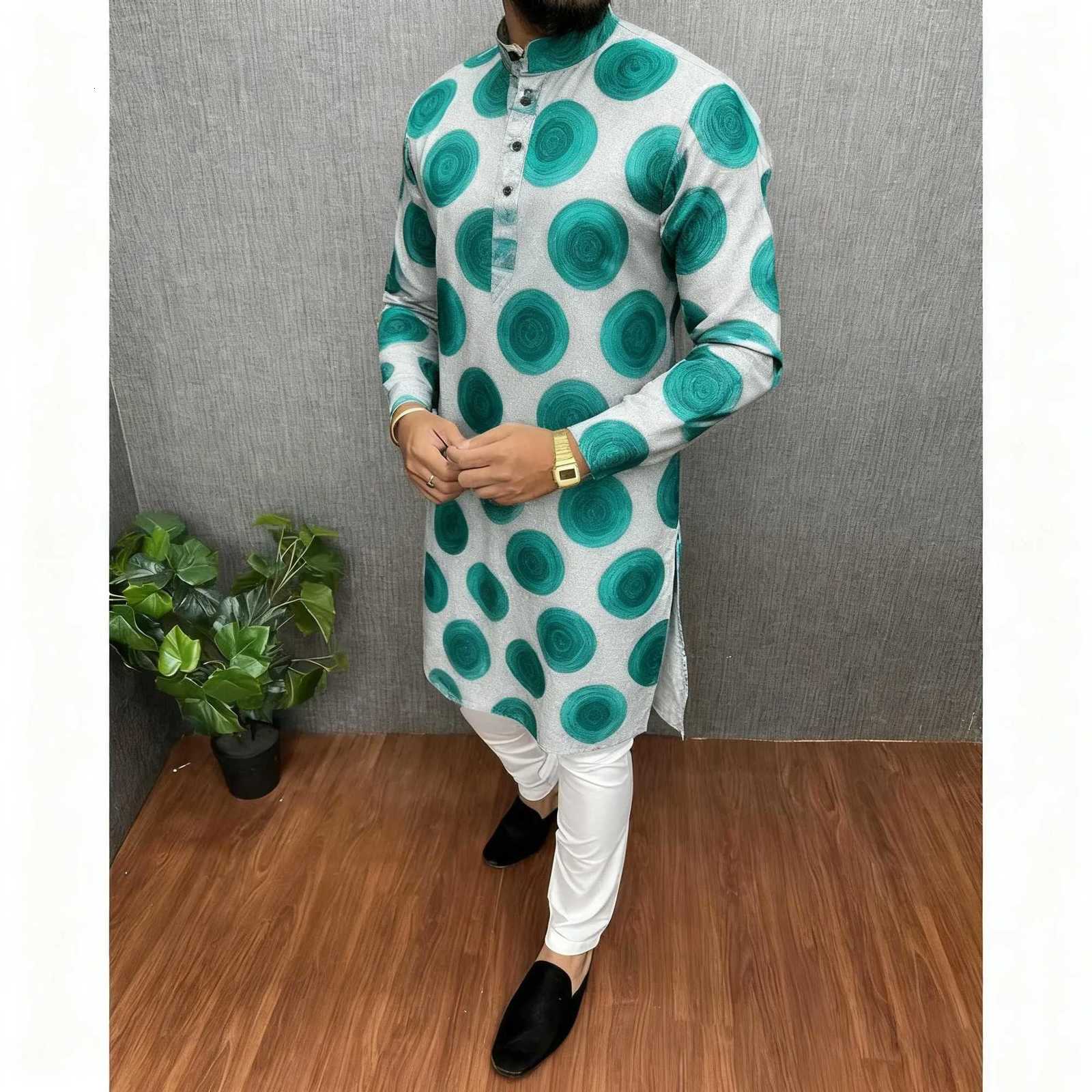 Men Islamic Arabic Abaya Robe Ethnic Print Stand Collar Youth Mid-length Shirt Luxury Coat Moslim Kleding Vestiti Musulmani Uomo W251216 - view 7