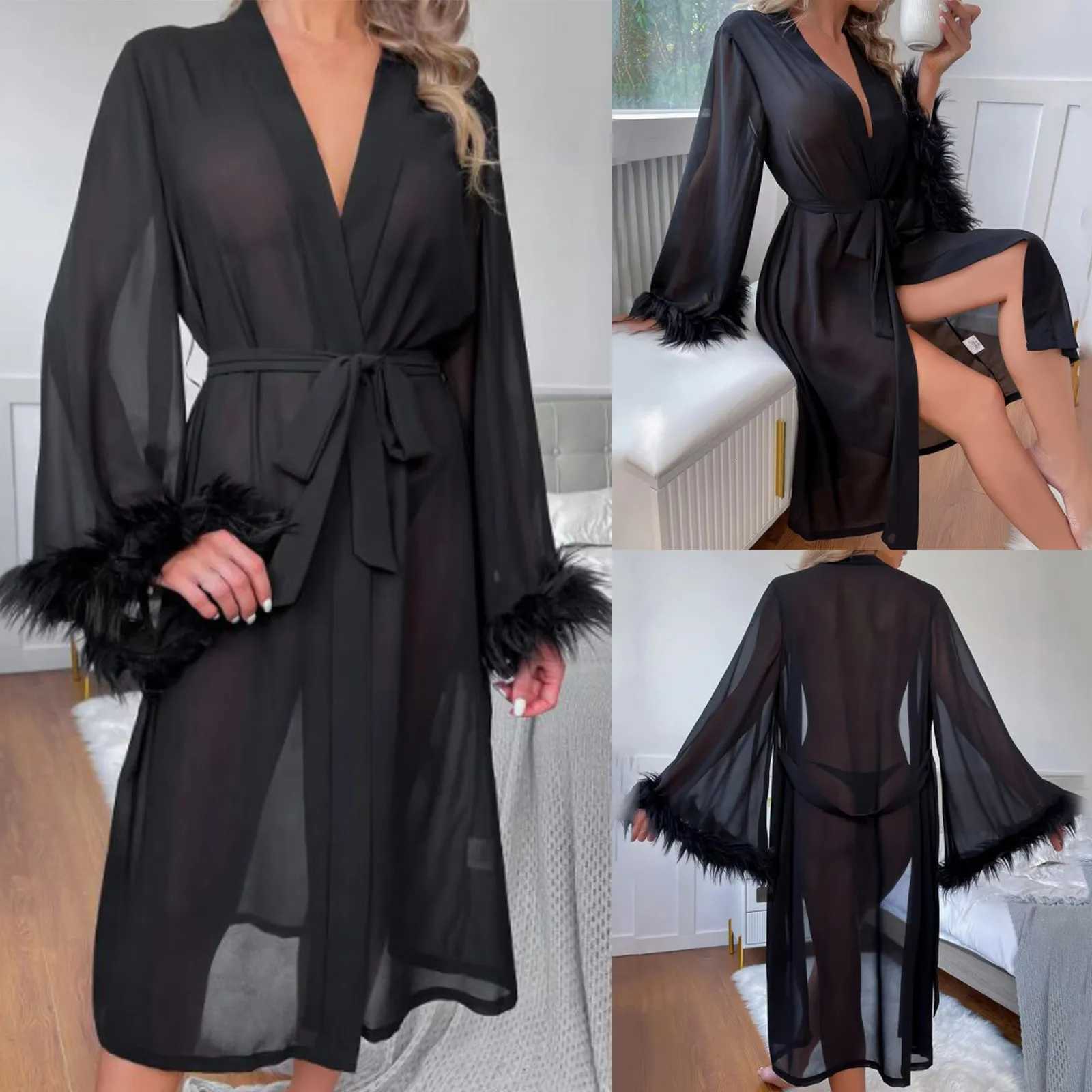 Women Fashion Bathrobe Lacing Up Sexy Lingerie Tulle Underwear Dress Floor Length Maxi Dressing Gown Robes Feather Long Robe C251216