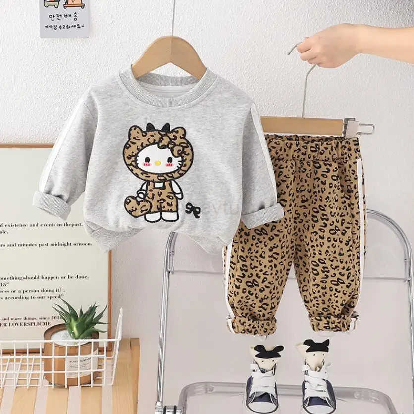 Sanrio 2025 Spring Boutique Girls Outfits Designer Cartoon Cute Leopard Print Long Sleeve T-shirts Pants Two Piece Sets Kids Tracksuits H251216