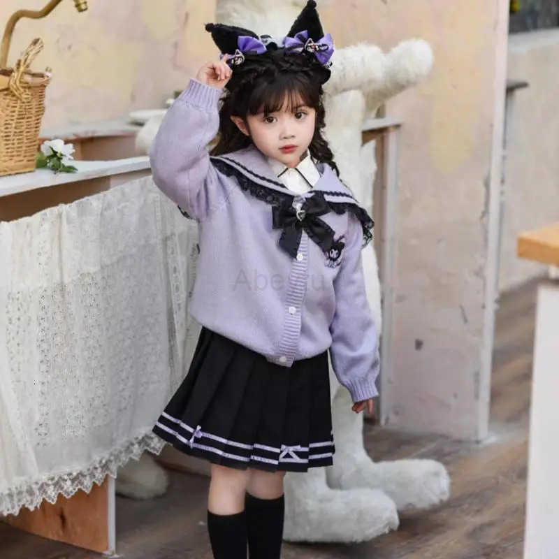 Sanrio Girl Dress Kuromi Kawaii Anime Fashion Autumn Student Long Sleeves Sweater Shirt Pleated Skirt Childrens clothing new H251216
