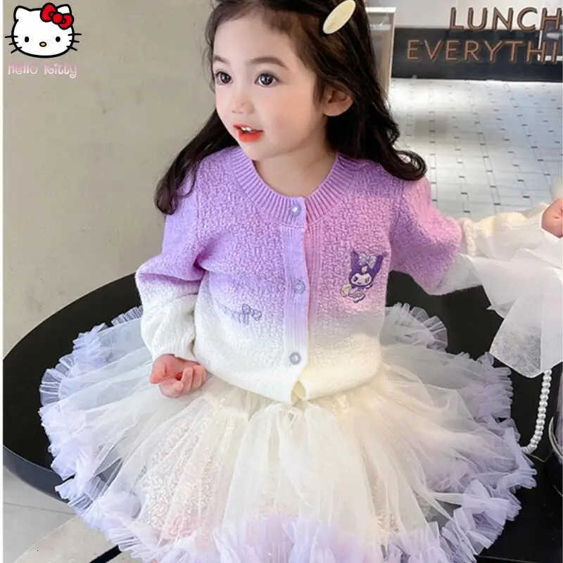 Sanrio 2Pcs Jacket Tutu Skirt Kuromi Melody Girls Anime Sweater Puffy Skirt Set Kawaii Cartoon Spring Autumn Fashion Sweet Coat H251216
