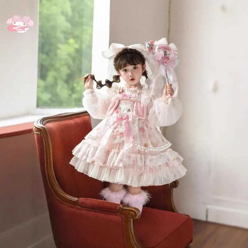 Sanrio My Melody Anime Girl Lolita Princess Dress with Lace Fluffy Skirt Bow Decoration Layered Festival Party Ball Gown for Kids H251216