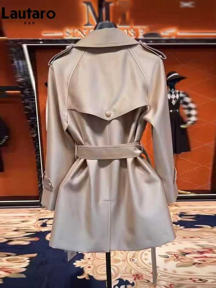 Lautaro Spring Autumn Khaki Satin Trench Coat for Women Belt Double Breasted Elegant High Quality Luxury Designer Clothing 2024T251216