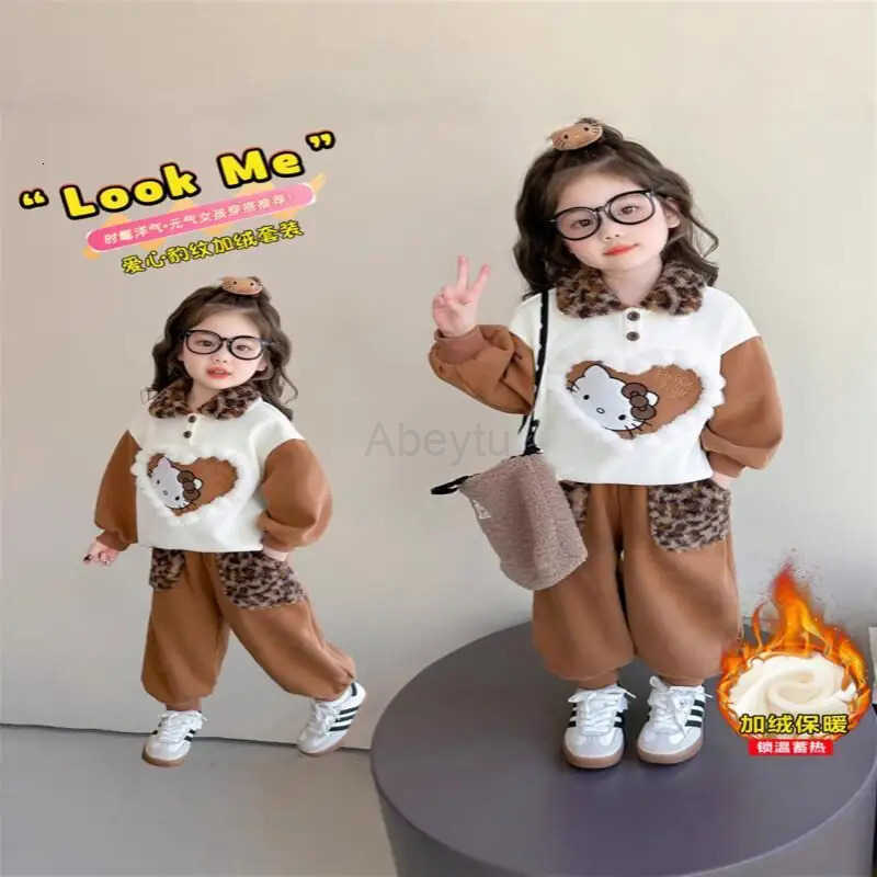 Sanrio Hello Kitty Homewear Set Love Small Girls Elegant Autumn Winter Girls Velvet Set Casual Children Cartoon Leopard Print H251216