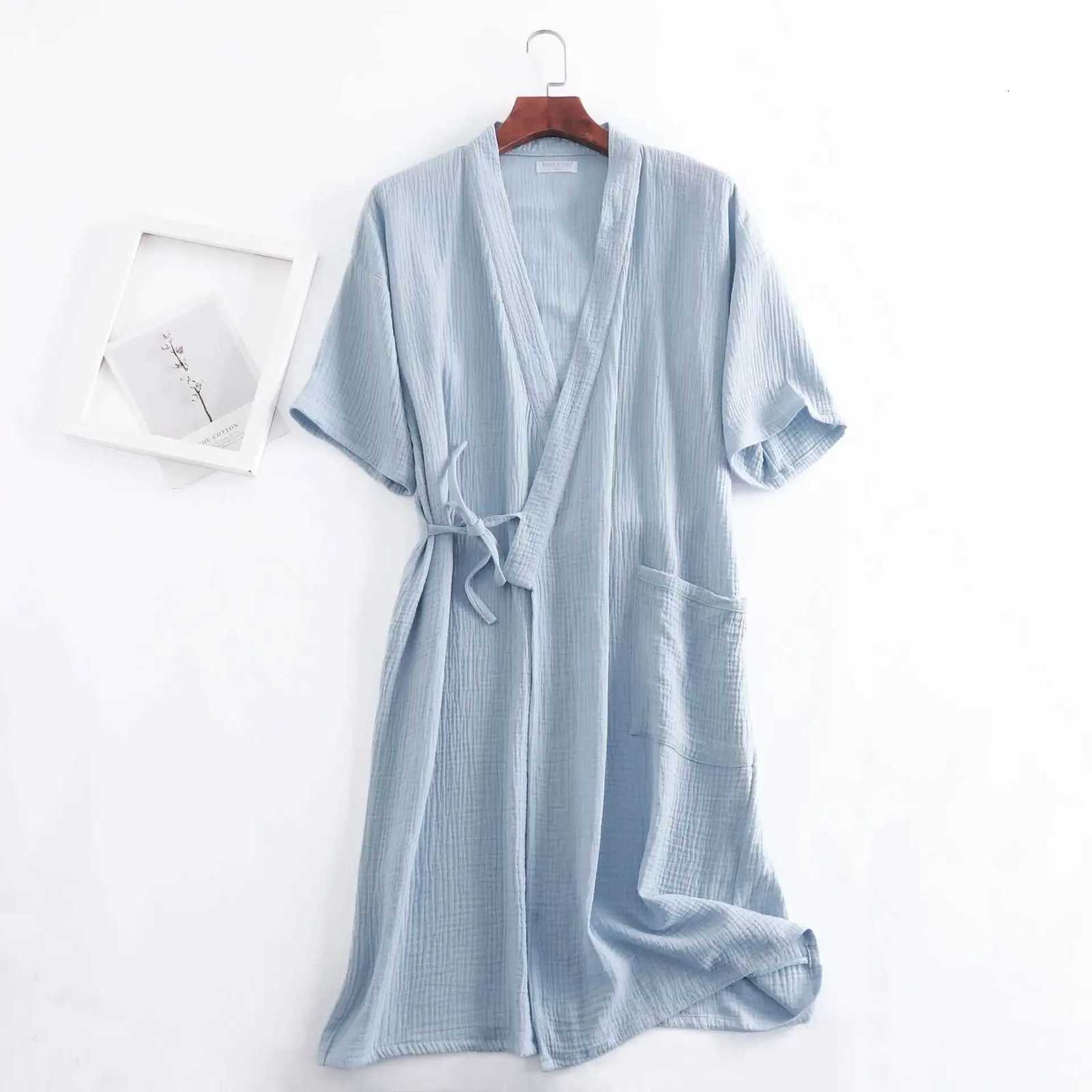 Summer 100 Cotton Gauze Crepe Short Sleeve Robes for Women and Men Solid Bathrobe Loose Soft Japanese-style Kimono Robe 2021 C251216