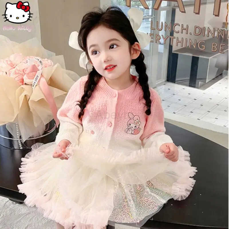 Sanrio 2Pcs Jacket Tutu Skirt Kuromi Melody Girls Anime Sweater Puffy Skirt Set Kawaii Cartoon Spring Autumn Fashion Sweet Coat H251216