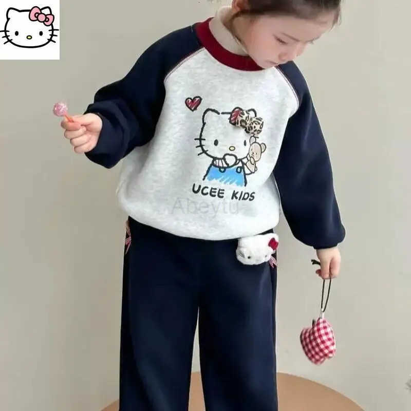 Sanrio Hot Girl Loungewear Set Hello Kitty Kawaii Anime Fashion Winter Thickening Sweatsuit Childrens Clothing Christmas Gift H251216