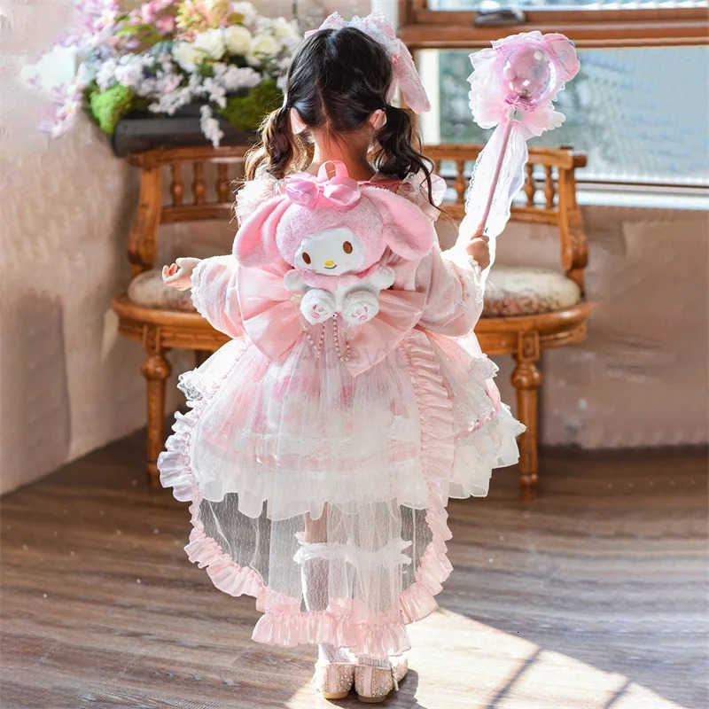 Sanrio Anime My Melody Girls Lolita Princess Party Dress with Bow Decoration Ruffled Tutu Skirt Layered Design for Halloween Gift H251216