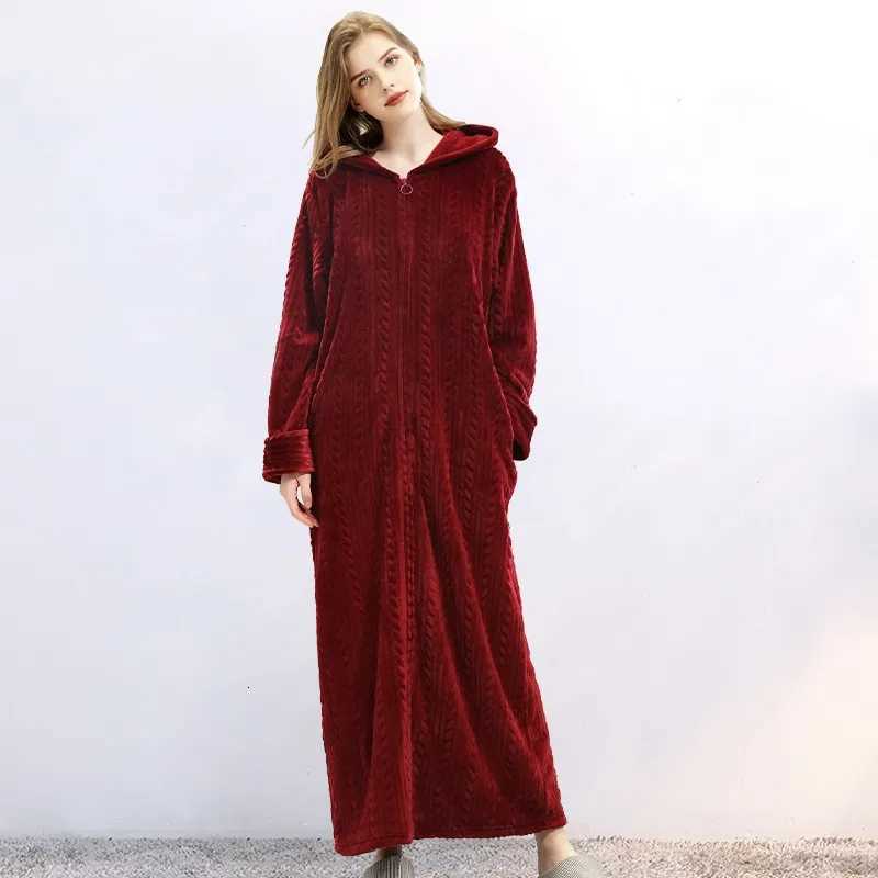 Winter Plus Size Hooded Zipper Long Warm Coral Fleece Bathrobe Women Thermal Flannel Bath Robe Shell Dressing Gown Sleepwear C251216