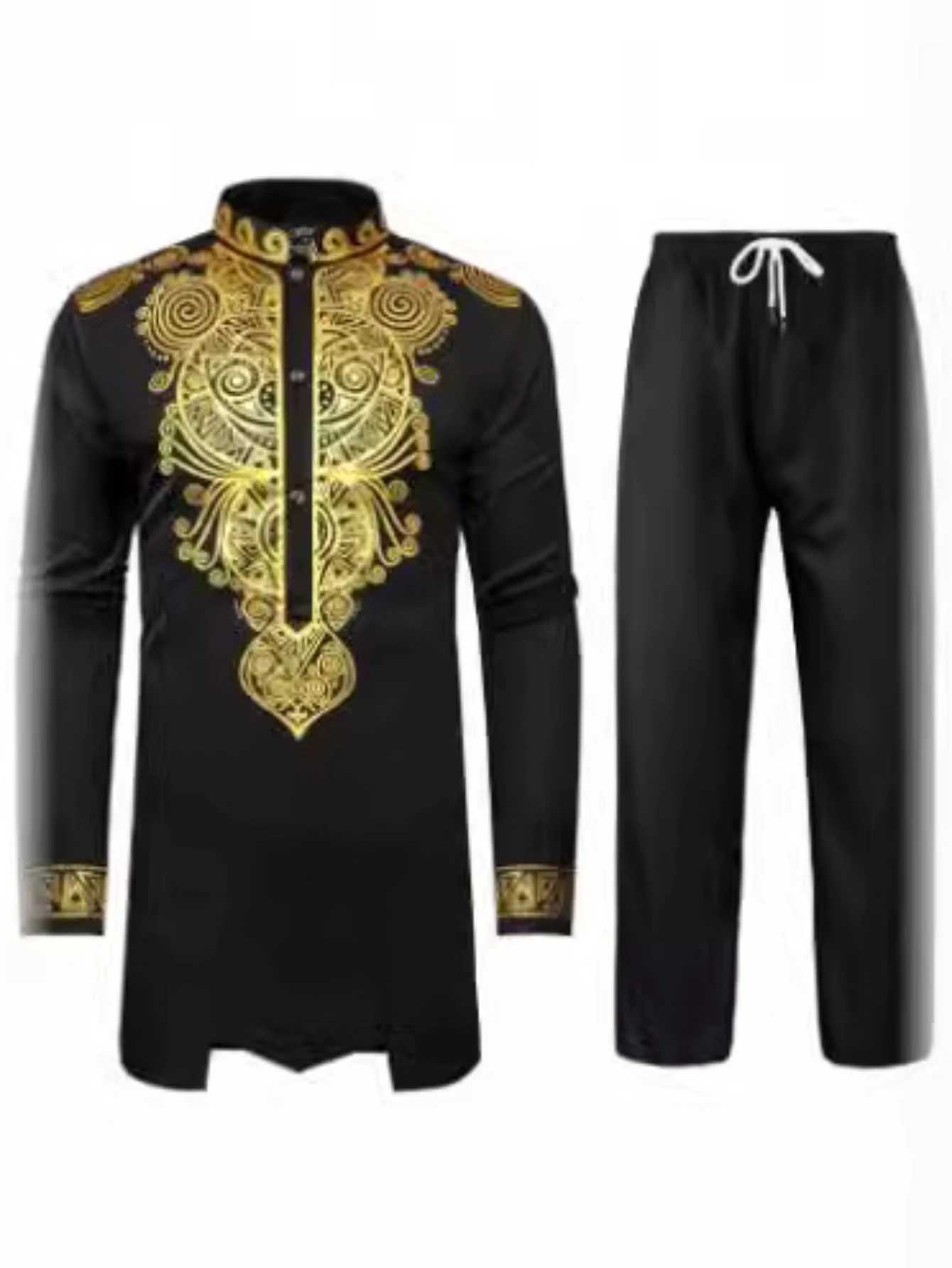 Men African Two Piece Set Traditional Suit Long Sleeve Gold Print Shirt Pants Party Africa 2024 Summer Gentleman Ethnic Outfit W251216