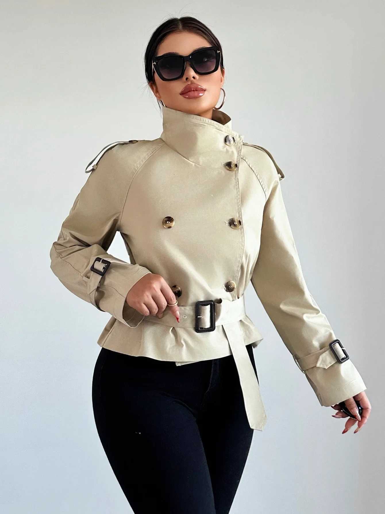 Women Autumn Spring Short Trench Coat Fashion Solid Double Breasted Belt Female Elegant Street Windbreaker Outerwear JacketT251216