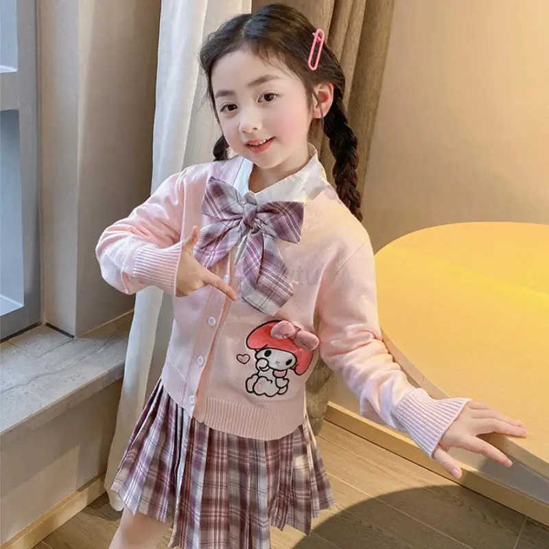 Sanrio Cartoon Anime Girls Vest Knit Cardigan Jk Skirt Kuromi Kawaii My Melody Pleated Skirt Bow Set Spring and Autumn New Style H251216