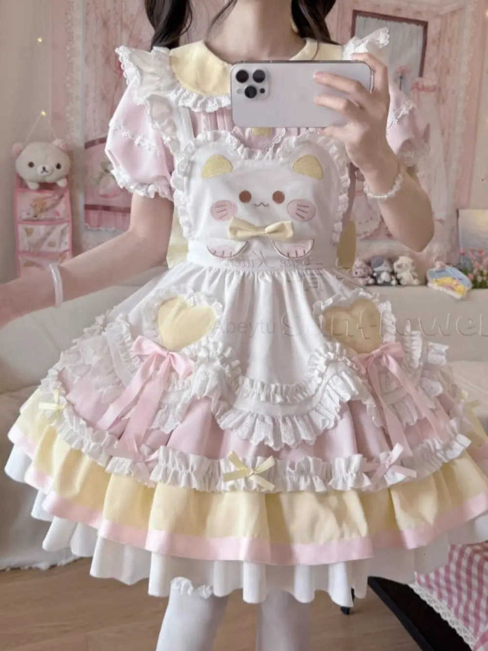 Sanrio 2025 Japanese Sweet Lolita Kawaii Dress Women Spring Printed Bow Fake Two Piece Dress Female Korea Style Design Party Clothing H251216