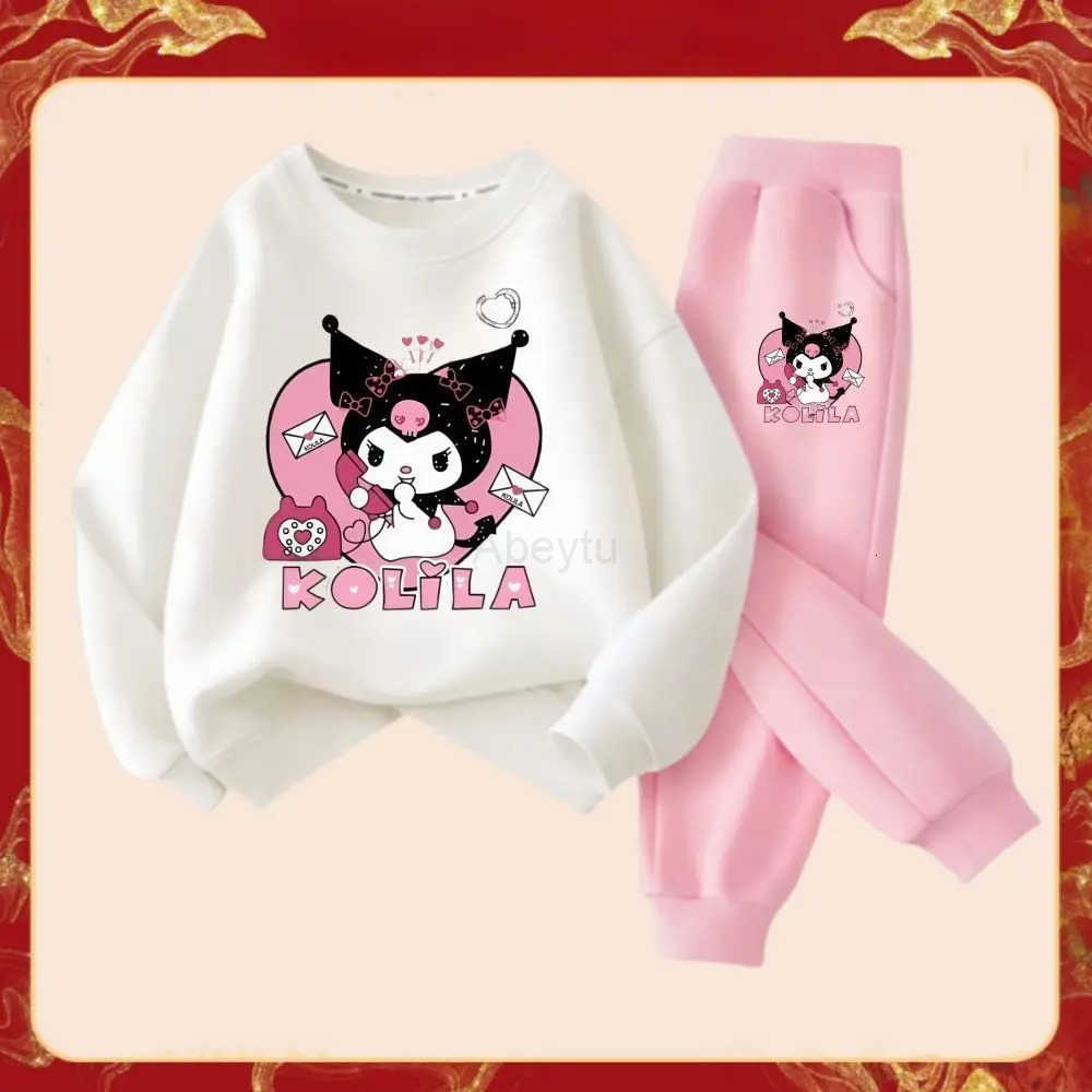 Sanrio Spring Autumn Childrens Clothes Sets Kids Cartoon Kuromi Sweater Pullover Tops Pants 2Pcs Letter Outfit Tracksuit H251216
