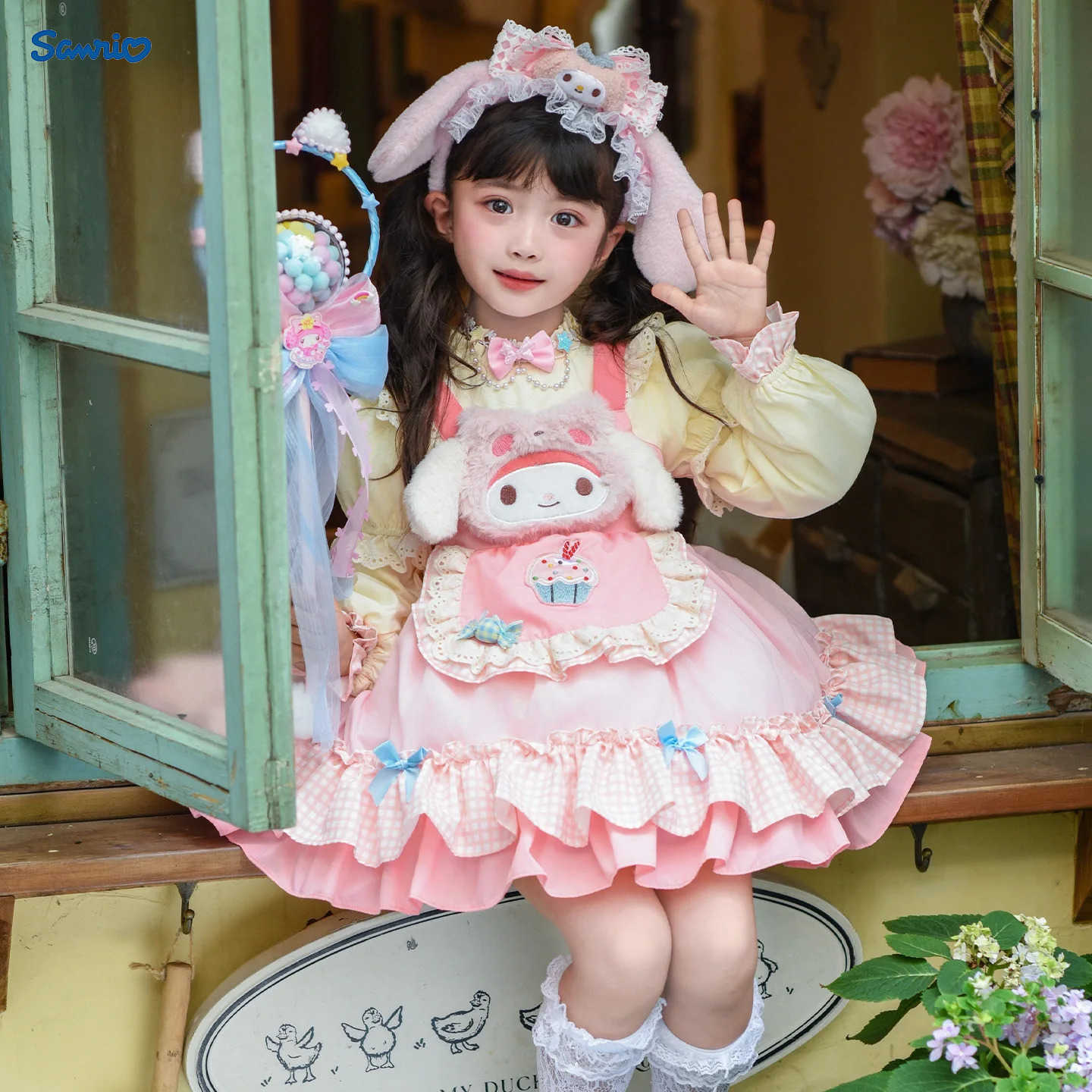 Sanrio Anime Dress My Melody Lolita Dress Girls Princess Dress Lace Party Kids Bow Decoration Ruffled Tutu Skirt Princess Costume Gift H251216