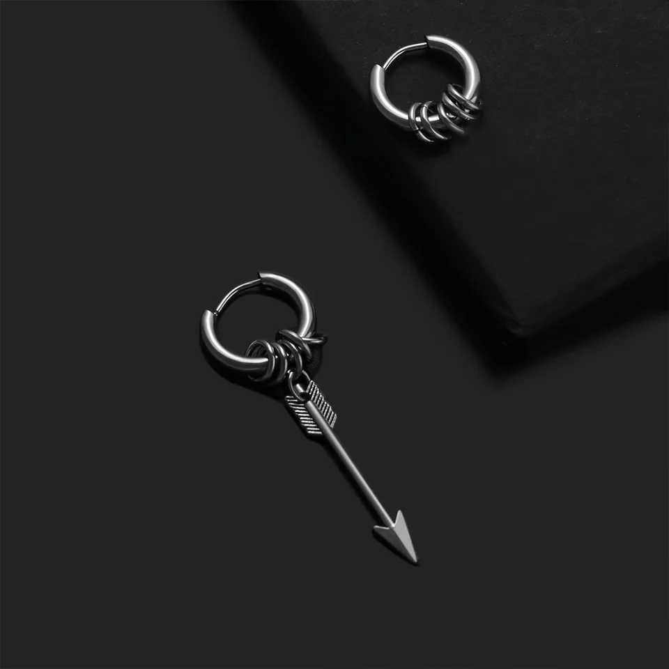2pcs Gothic Punk Fashion Stainless Steel Feather Arrow Cone Circle Pendant Hoop Earrings Set for Men Women Daily Wear or Party G251216