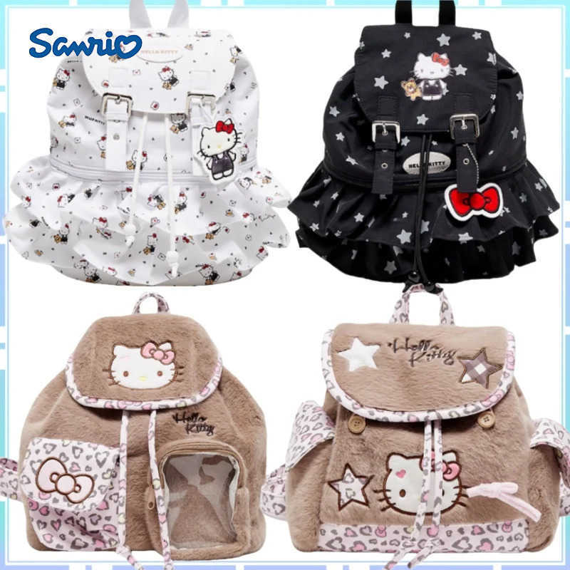 Sanrio New Hello Kitty Plush Ruffled Drawstring Backpack Portable for Commuting Cute Cartoon Anime Surprise Gift for Girls H251216