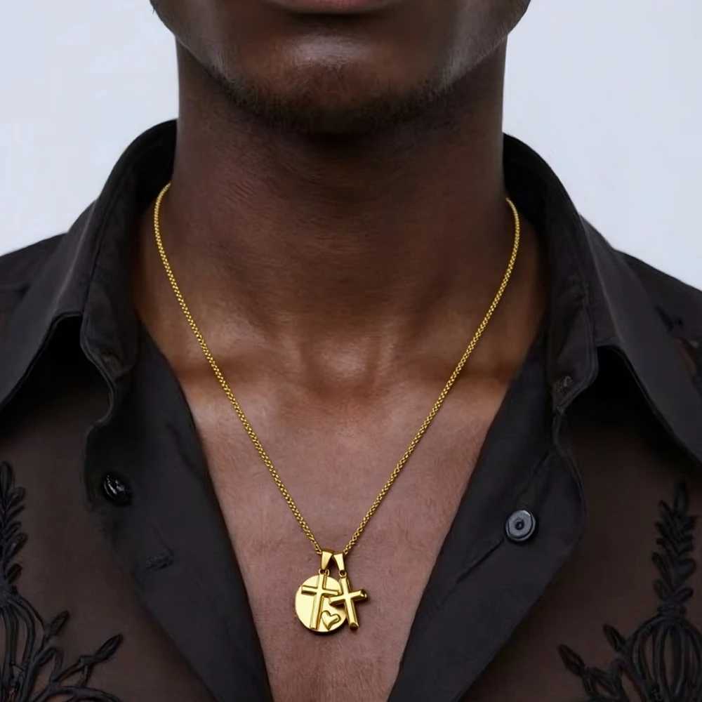 18k gold plated round necklace stainless steel necklace heart shaped cross pendant necklace for men and women M251216