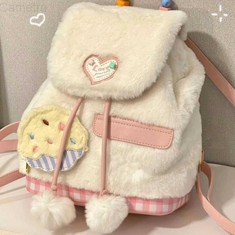 Sanrio 2025 New Sweet Girls Fluffy Backpack Fashion Kawaii Women All Match Schoolbags Casual Students Faux Fur Backpacks Y2k Aesthetic H251216