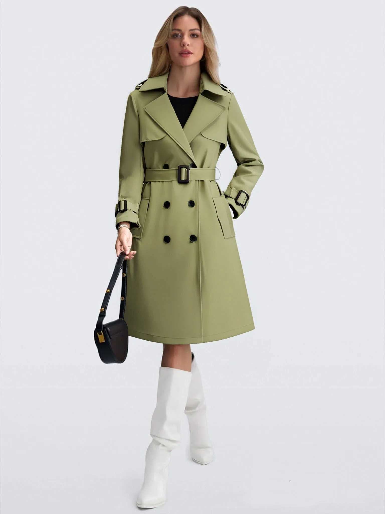 Mid-Length Womens Coat Over-Knee British Style Windbreaker Long Sleeve Zipper Closure Casual Fashion Outerwear CoatT251216