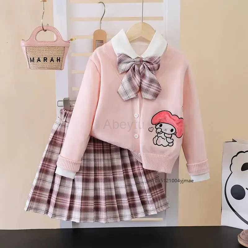 Sanrio Anime 3Pcs Kuromi Melody Girls Jk Plaid Skirt Set Fashion Cardigan Pleated Skirt Kids Spring Autumn College Style Teen H251216