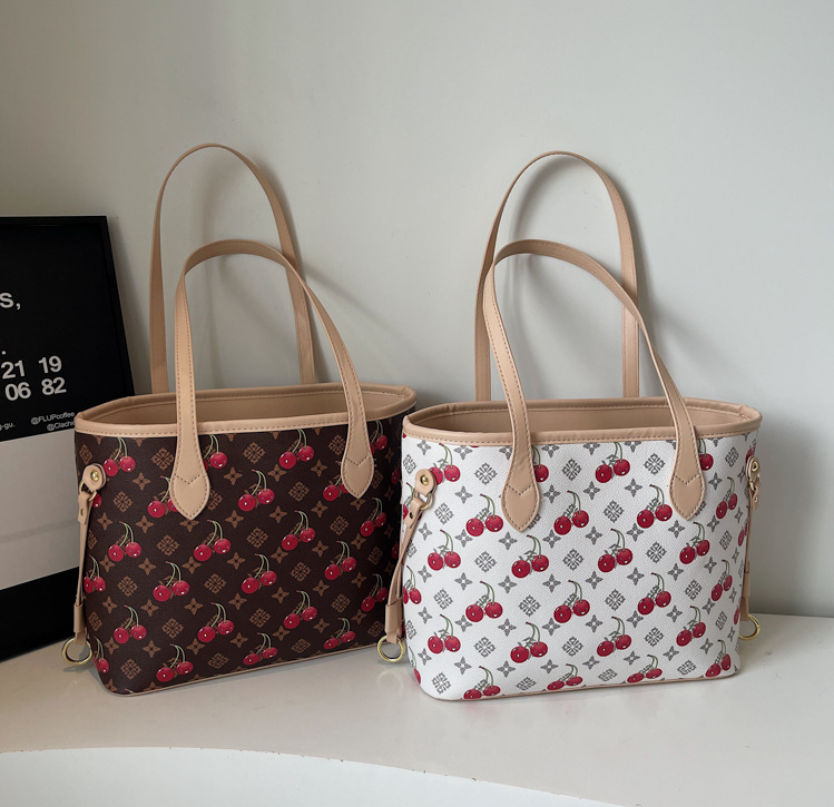 Free shipping 2026 fashion new design cherry print tote bag versatile commuting large capacity shoulder bag beige coffee