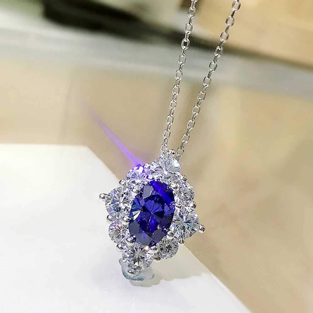 Huitan Gorgeous Oval Blue Cubic Zirconia Pendant Necklace Women for Wedding Luxury Brilliant Female Necklace Statement Jewelry M251216