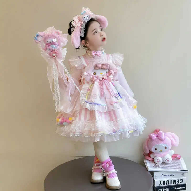 Sanrio My Melody Autumn Cartoon Girl Lolita Princess Dress Sweet Cute Comfortable Keep Warm Sweater Puff Skirt Mesh Dress Birthday Gift H251216