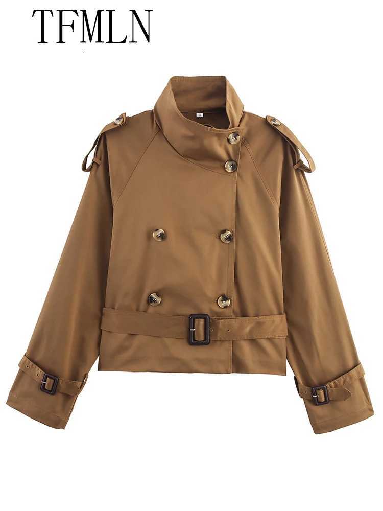 TFMLN 2025 Autumn Women Cropped Trench Coats With Belt Fashion Causal Double Breasted Jackets Chic High Street Outwear TopsT251216