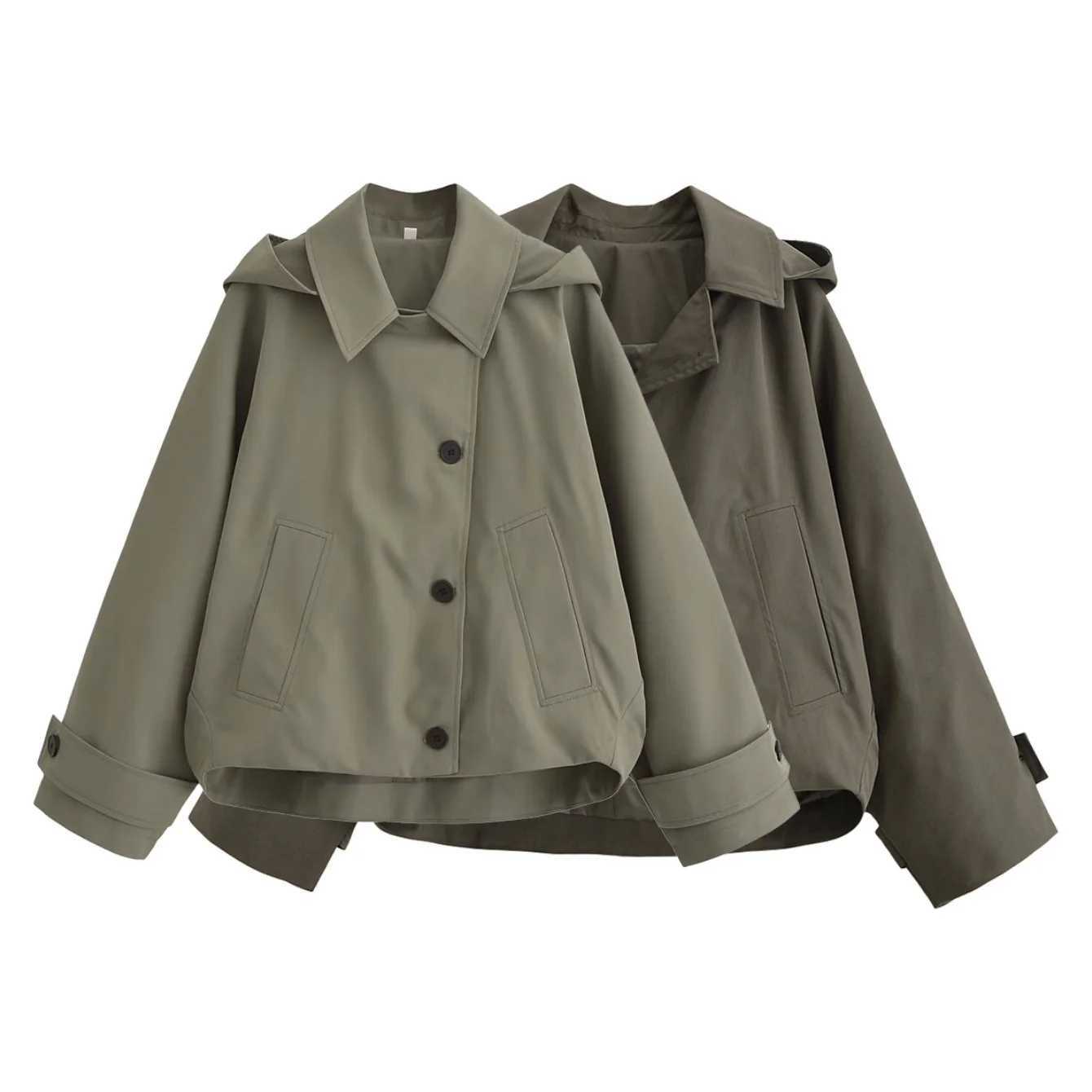 Female Cape Style Windbreaker Jackets Hood Cropped Jacket Women Loose Trench Coat Autumn Long Sleeve Autumn Winter CoatsT251216