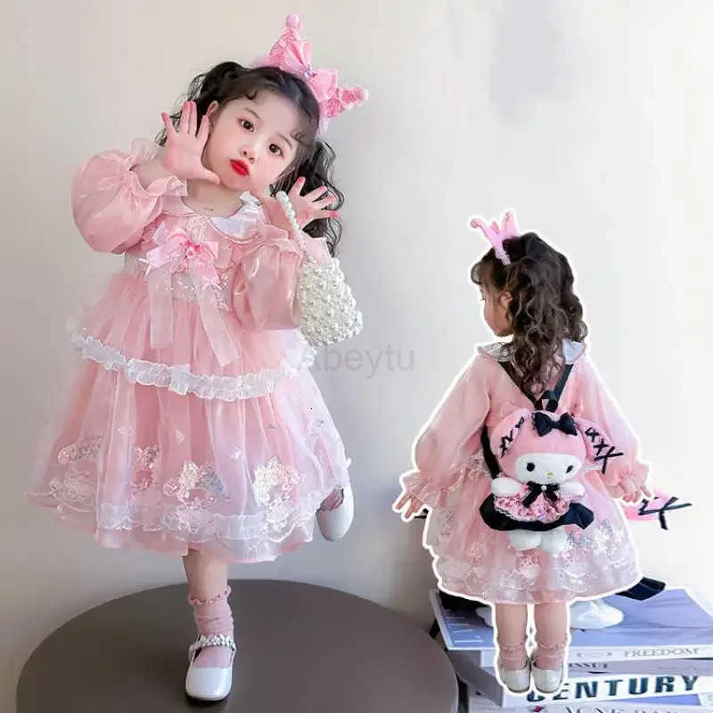 Sanrio Anime Melody Girls Lolita Dress Vintage Lace Party Dress for Kids Ruffled Princess Costume Yarn Skirt Birthday Holiday Gifts H251216