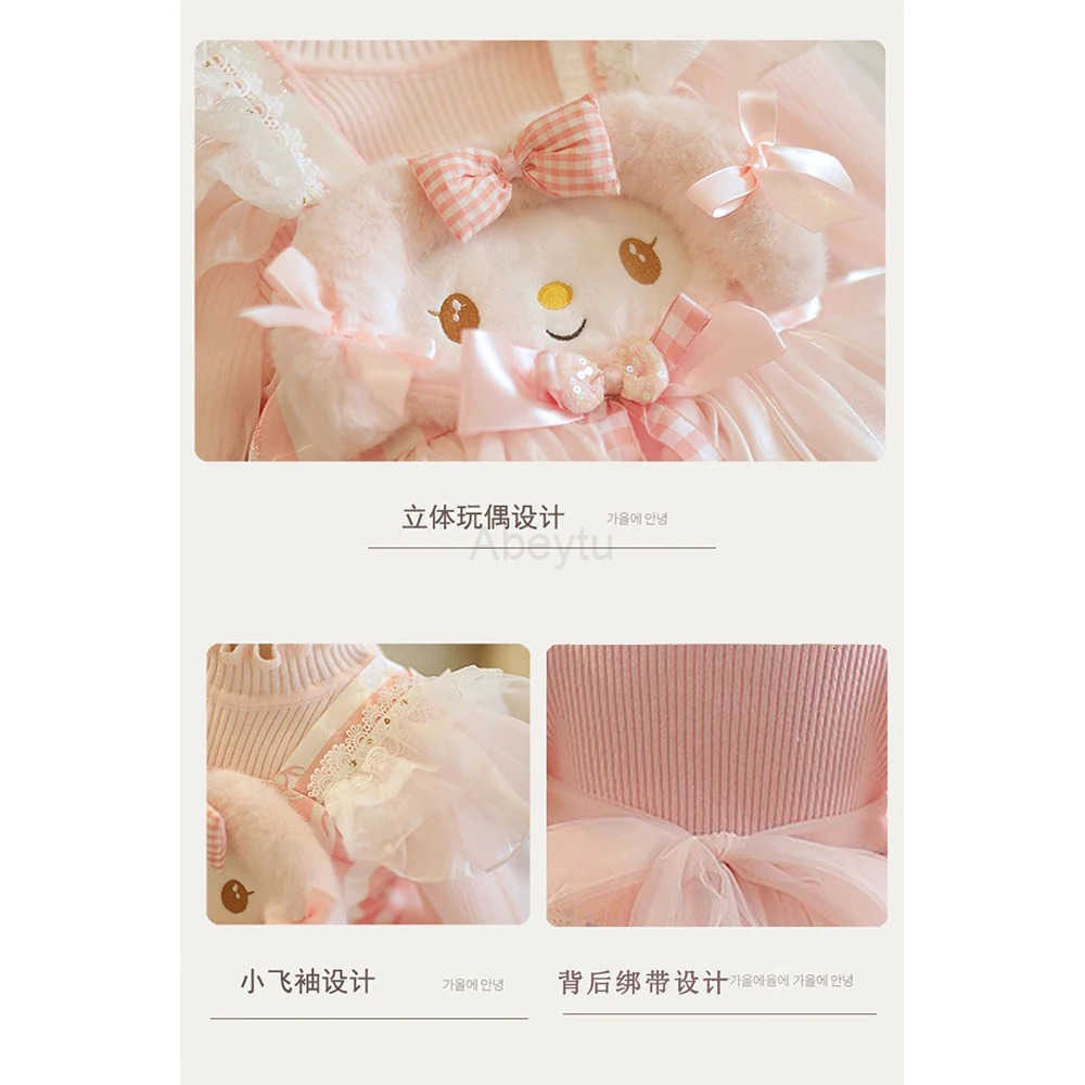 Sanrio Winter Kawaii Children Sweater Dress Anime Plush Warm Cartoon Princess Blue Lolita Dress Cute Birthday Party Cosplay Dress Gift H251216