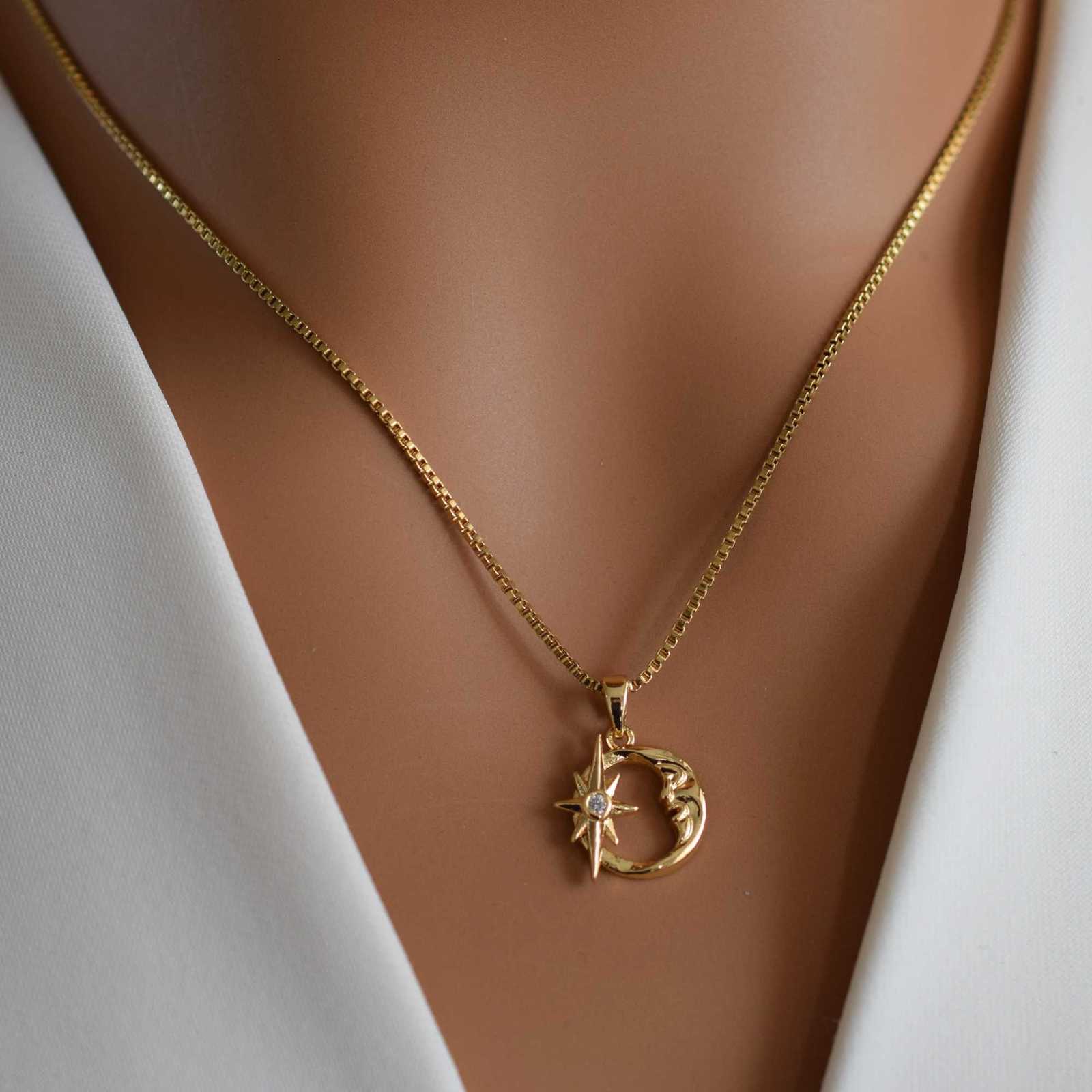 Golden Plated Moon Pendant Necklace Zircon Star Moon Clavicle Chain Necklace Female M251216