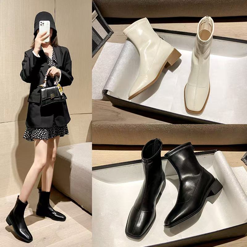 Size 34-40 Stretch For Women Winter 2023 Retro Square Toe Chunky Heels Shoes Woman Ankle Boots Elastic Booties