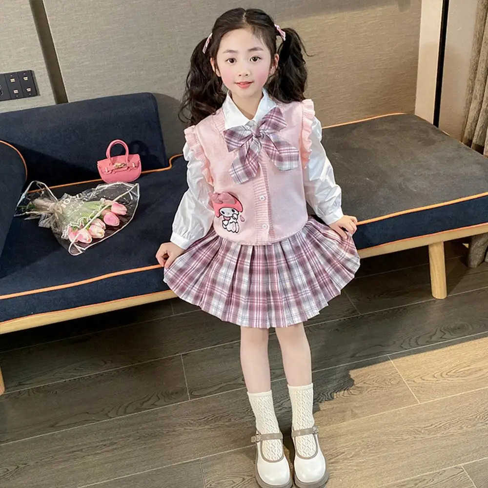 Sanrio Anime Kuromi My Melody 3Pcs Childrens Suit Jk Plaid Skirt Sanrioes College Style Set Cardigan Pleated Skirt Kids Spring Autumn H251216