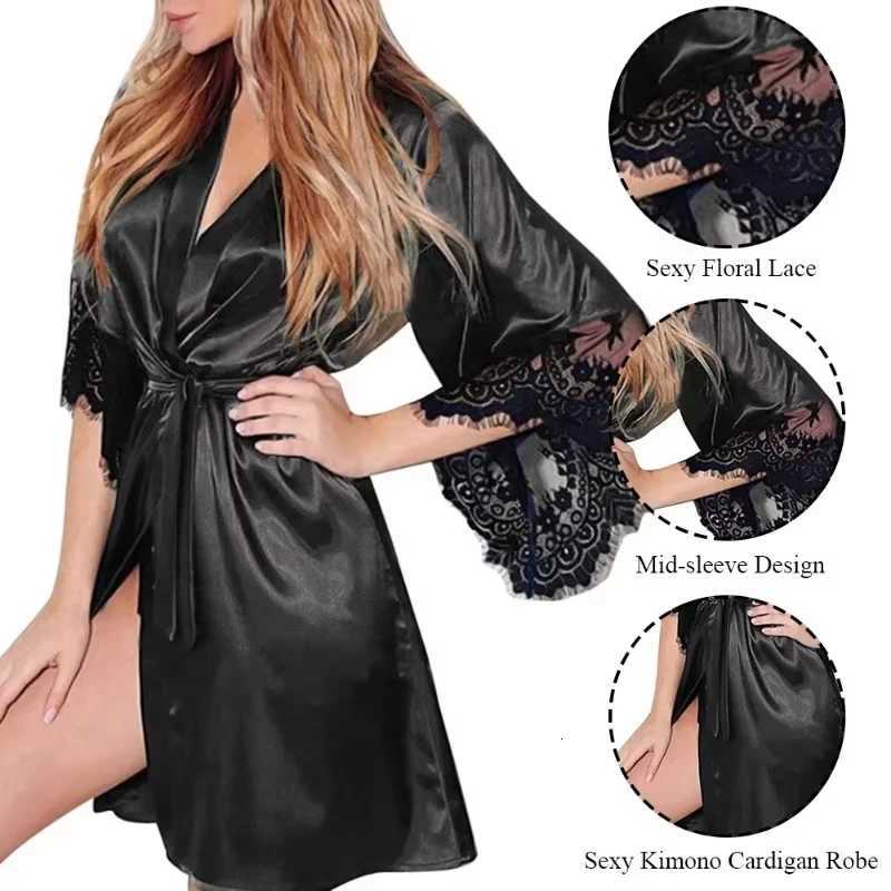 Women Night Gown Robe with G String Floral Lace Bathrobe Halt Sleeve Nightdress Female French Sexy Silky Satin Sleepwear C251216