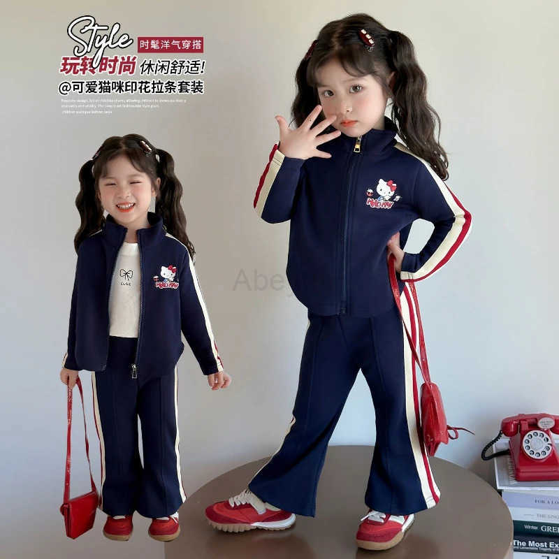 Sanrio Girl Clothes Set Autumn Kid Sweatshirts Pullover Cute Hello Kitty Zipped Top Striped Pants 2pcs Suit Children Sweet Tracksuits H251216