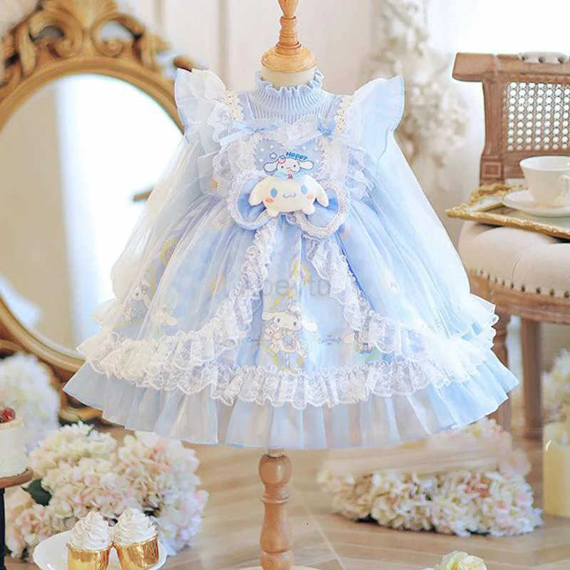 Sanrio Anime Cinnamoroll Girl Lolita Princess Dress with Lace Fluffy Skirt Bow Decoration Layered Ball Gown for Kids Festival Party H251216