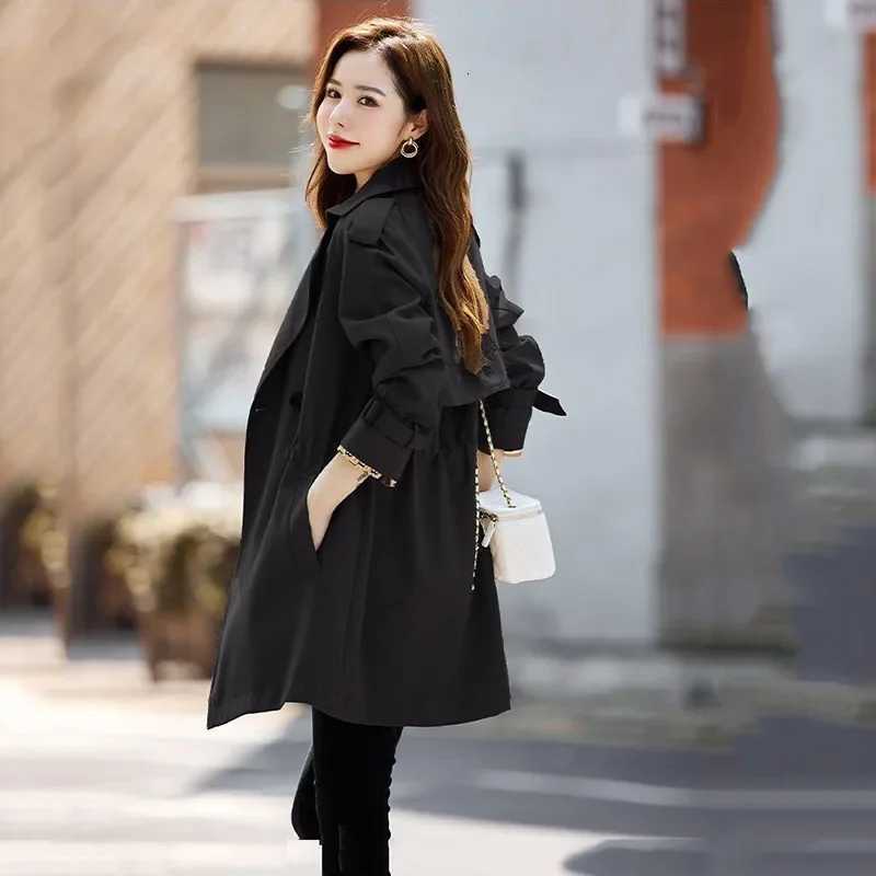 Casual Double Breasted Mid-length Trench Jacket Korean Loose Drawstring Women Windbreaker Spring Chic CoatsT251216