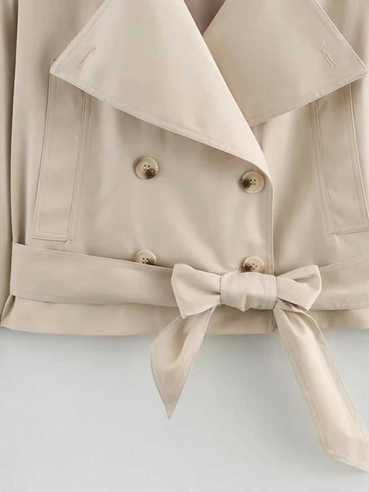 Double Breasted Crop Trench Coat for Women Fashion Belt Long Sleeve Lapel Collar Chic Outerwear Female TopsT251216