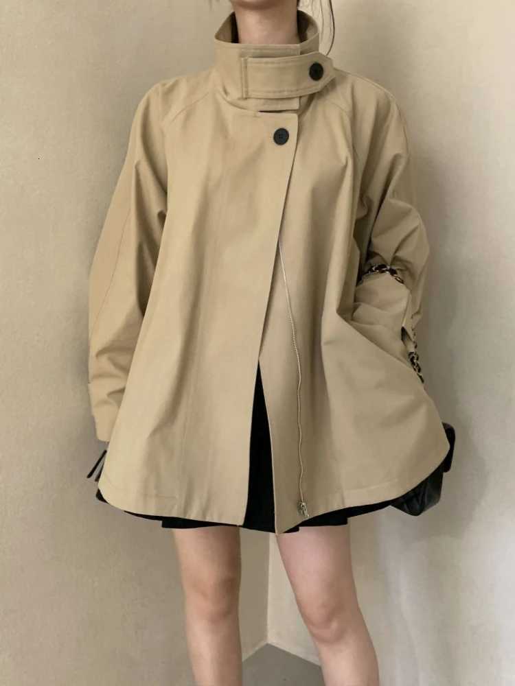 Korean Style 2025 New in Autumn and Winter Fashionable Khaki Color Stand Collar Dress Coat for Women with Stylish Flared HemT251216