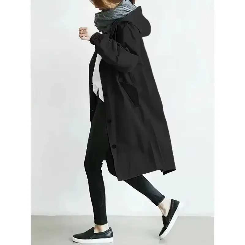 Plus Size Hooded Trench Coat Classic Fashion Loose Womens Windbreaker Coat Khaki Black Casual TopsT251216