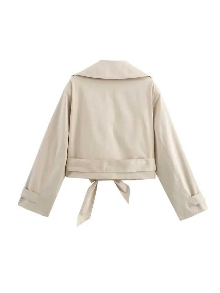 Double Breasted Crop Trench Coat for Women Fashion Belt Long Sleeve Lapel Collar Chic Outerwear Female TopsT251216