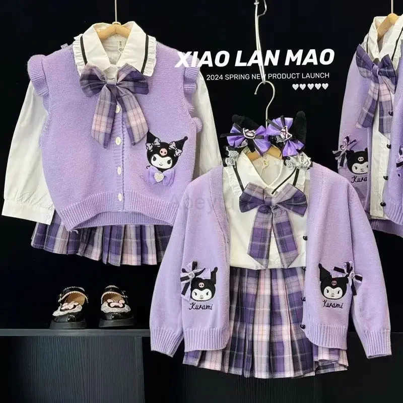 Sanrio Anime Girls JK Suit Spring New College Style Three-piece Set Cute Childrens Uniform Pleated Skirt Kuromi Kawaii Sweater H251216